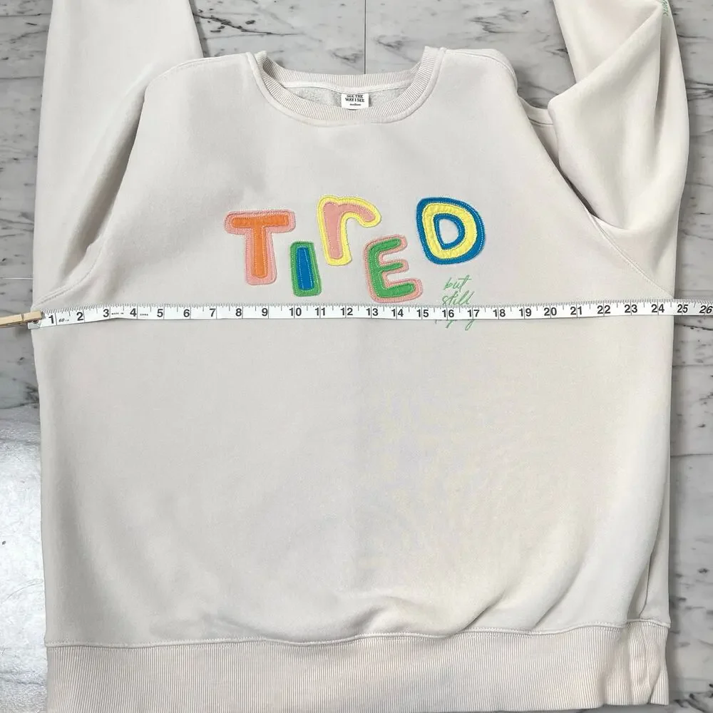 SEE THE WAY I SEE “Tired” Appliqué Sweatshirt Medium Oversized Beige Crewneck - Picture 7 of 10